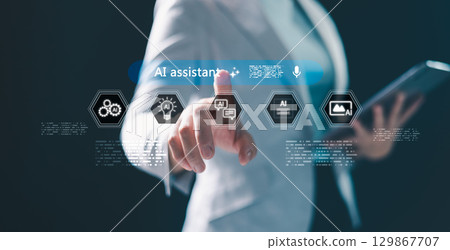 AI powered assistance. user interacting with virtual AI assistant interface on mobile, laptop, tablet icons for voice, text, image, video generation, representing smart technology, productivity tools 129867707
