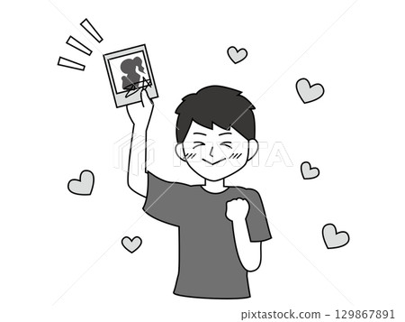 單色插畫:一位拿著寶麗來相機的快樂男人 單色插畫:一位拿著寶麗來相機的快樂男人 129867891