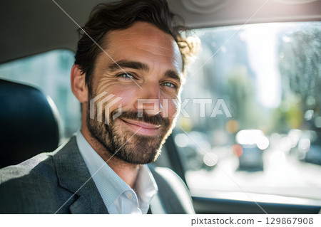 一位成功而自信的英俊男性高管或商人在車上的肖像 129867908