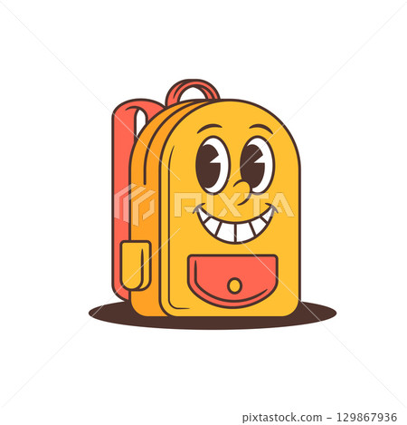 Happy Cartoon Yellow School Backpack Character with Big Smile and Coral Details Vector Illustration 129867936