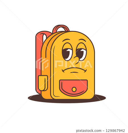 Bored Yellow Cartoon School Backpack Character with Half Closed Eyes and Frown Vector Illustration 129867942