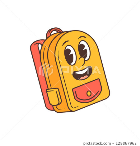 Cute Cartoon Yellow School Backpack Mascot with Big Smile and Orange Details Vector Illustration 129867962