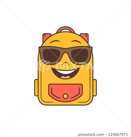 Cool Retro Cartoon School Backpack Mascot Wearing Sunglasses and Smiling with Coral Pocket Vector Illustration 129867973