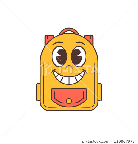 Cheerful Yellow Cartoon School Backpack Character With Coral Pocket And Happy Smile Vector Illustration 129867975