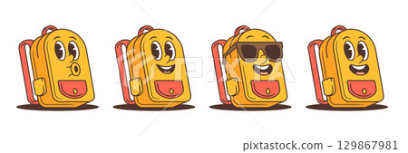 Colorful Cartoon School Backpack Mascot Characters With Funny Faces And Retro Style Vector Illustration Colorful Cartoon School Backpack Mascot Characters With Funny Faces And Retro Style Vector Illustration 129867981