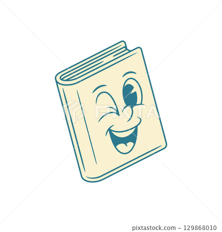 Cheerful cute book cartoon character winked with smile retro vector illustration 129868010