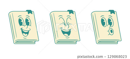 Funny cute book cartoon character whistling set retro vector illustration 129868023