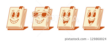Cool positive book cartoon character in sunglasses set retro vector illustration 129868024