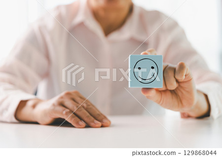 Client show feedback, smiley face sign. Service rating, satisfaction concept. happy smile face, good feedback rating, positive customer review, experience, satisfaction survey, smiley mental health. 129868044