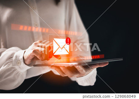 Phishing email alert concept with person using smartphone while surrounded by warning icons symbolizing scam messages cyber threats digital communication security risks. electronic mail alert phishing Phishing email alert concept with person using smartphone while surrounded by warning icons symbolizing scam messages cyber threats digital communication security risks. electronic mail alert phishing 129868049