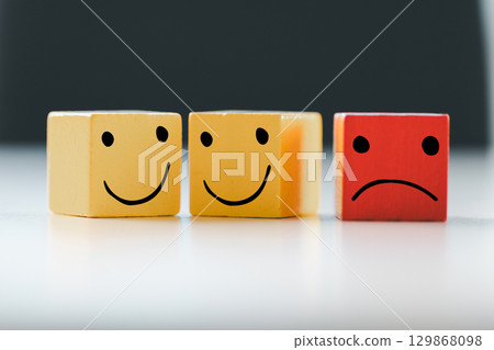 Customer showing rating with happy icon, Customer satisfaction survey concept, Positive feedback from happy client satisfaction with quality of service, marketing surveys, ratings, review, copy space Customer showing rating with happy icon, Customer satisfaction survey concept, Positive feedback from happy client satisfaction with quality of service, marketing surveys, ratings, review, copy space 129868098
