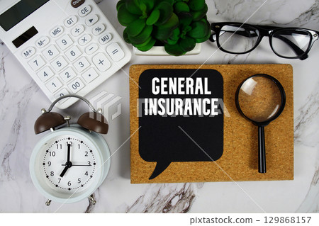 General Insurance text with Calculator, alarm clock and magnifying glass on marble background General Insurance text with Calculator, alarm clock and magnifying glass on marble background 129868157