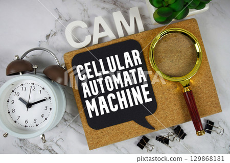 CAM Cellular Automata Machine text with alarm clock and magnifying glass on marble background CAM Cellular Automata Machine text with alarm clock and magnifying glass on marble background 129868181