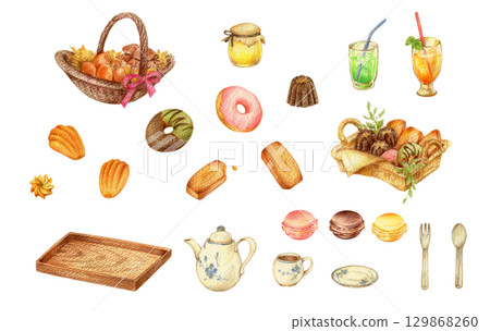 Sweets and drink illustration set, hand-drawn colored pencil drawings 129868260