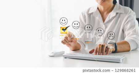 Customer service evaluation concept. Client feedback from marketing survey excellent service and quality satisfaction, customers can evaluate quality of service leading to business reputation rating. Customer service evaluation concept. Client feedback from marketing survey excellent service and quality satisfaction, customers can evaluate quality of service leading to business reputation rating. 129868261