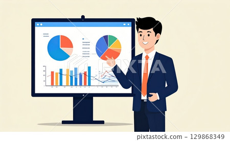 《AI image》A businessman giving a presentation in front of a document 129868349