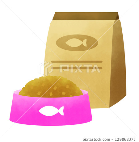 一袋貓糧和一個裝滿食物的寵物碗的插圖 129868375