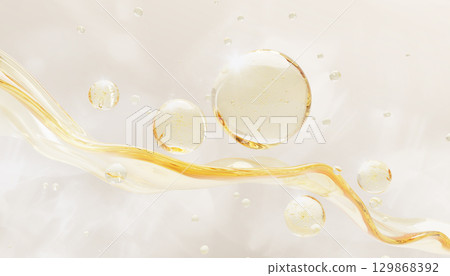Yellow transparent wave with argan oil bubbles. Liquid cosmetic skin care 3d background. Golden hyaluron gel texture, moisture cream drops, honey face serum with collagen render. 3D illustration Yellow transparent wave with argan oil bubbles. Liquid cosmetic skin care 3d background. Golden hyaluron gel texture, moisture cream drops, honey face serum with collagen render. 3D illustration 129868392