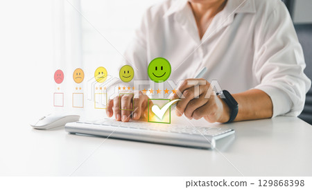 Customer service evaluation concept. Client feedback from marketing survey excellent service and quality satisfaction, customers can evaluate quality of service leading to business reputation rating. 129868398
