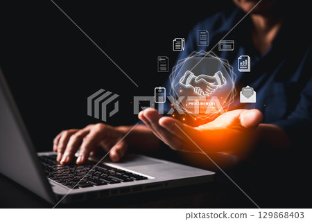 Modern procurement, smart digital interface featuring handshake icon symbol agreement businessmen, streamlining contract document workflow integrated business solutions advanced supply chain systems. Modern procurement, smart digital interface featuring handshake icon symbol agreement businessmen, streamlining contract document workflow integrated business solutions advanced supply chain systems. 129868403