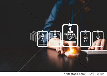 Human resource search, recruitment concept. human resource management uses HR technology online networks to check CV choose perfect employee ensuring strong recruitment process company structure. Human resource search, recruitment concept. human resource management uses HR technology online networks to check CV choose perfect employee ensuring strong recruitment process company structure. 129868404