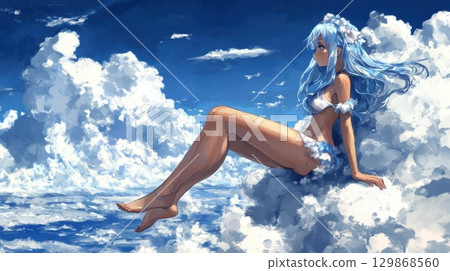 Beautiful sexy woman with blue hair sitting on a cloud in the sky. 129868560