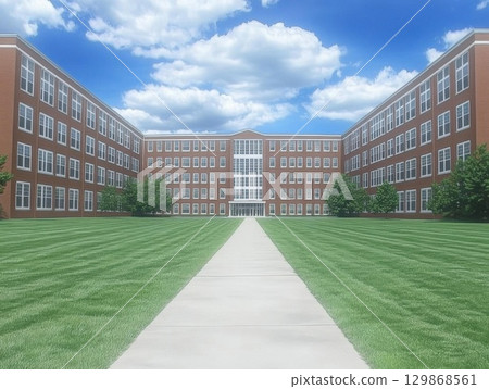 Exterior of a school building with green grass and blue sky. 129868561