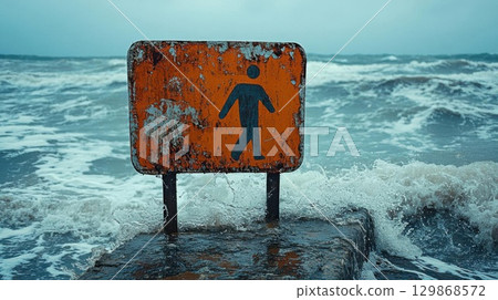 Traffic sign on the beach in a stormy day. 129868572