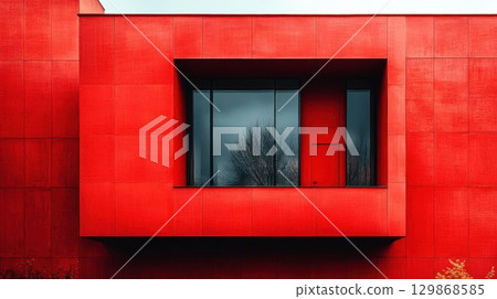 Red wall with a window in the shape of a house, 3d render Red wall with a window in the shape of a house, 3d render 129868585