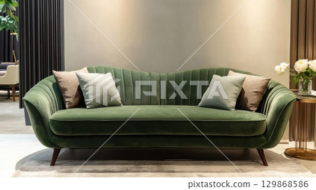 Green sofa with pillows in modern living room, interior design concept. Green sofa with pillows in modern living room, interior design concept. 129868586