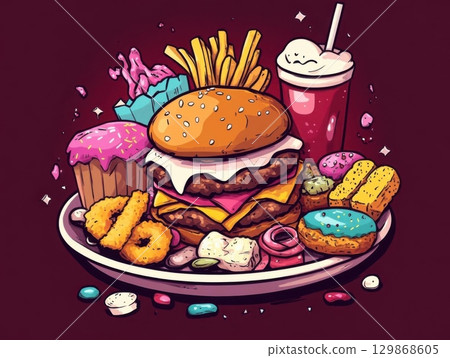 Vector illustration of fast food. Hamburger, french fries, donuts, ice cream and cola. 129868605