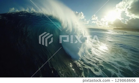 Surfing ocean wave at sunset time. 3d render of ocean wave. 129868606