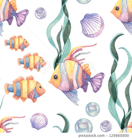 Watercolor fish, seaweed, and seashells in a seamless pattern with marine palette. Use this watercolor clipart for party supplies, packaging, planner pages, and nursery textiles. Watercolor fish, seaweed, and seashells in a seamless pattern with marine palette. Use this watercolor clipart for party supplies, packaging, planner pages, and nursery textiles. 129868800