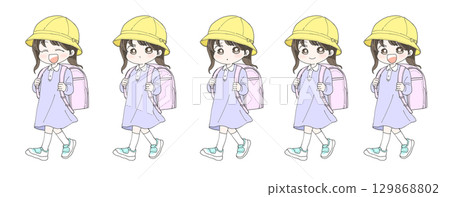 Girl carrying a school bag Facial expression set 129868802