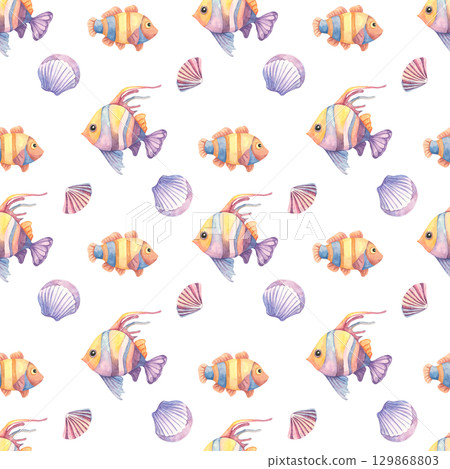 Yellow striped fish, violet shells, and floating bubbles in a watercolor seamless pattern. Aquatic life clipart Great for textile design, kids room prints, wall decals, and scrapbook paper Yellow striped fish, violet shells, and floating bubbles in a watercolor seamless pattern. Aquatic life clipart Great for textile design, kids room prints, wall decals, and scrapbook paper 129868803