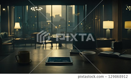 start A day at office with coffee and check market analytics, City View. 129868912