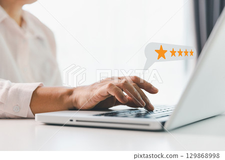 Customer or client with stars to complete five stars. Product or service review ideas from customer, reviews from customer and service of store to express satisfaction, increase credibility of store. 129868998