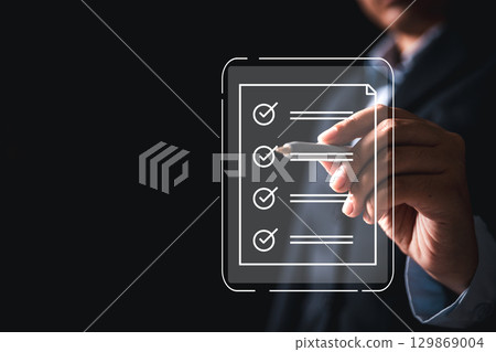 Woman using tablet, laptop futuristic digital interface icons manages checklist online quality control document management system streamlining workflow approval, advanced concept of modern efficiency Woman using tablet, laptop futuristic digital interface icons manages checklist online quality control document management system streamlining workflow approval, advanced concept of modern efficiency 129869004