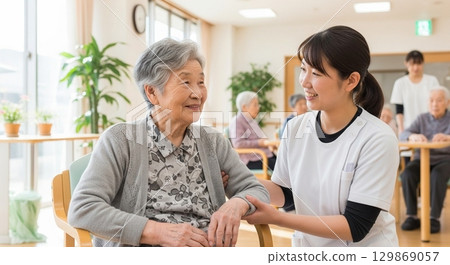 Facility staff takes care of old people Facility staff takes care of old people 129869057