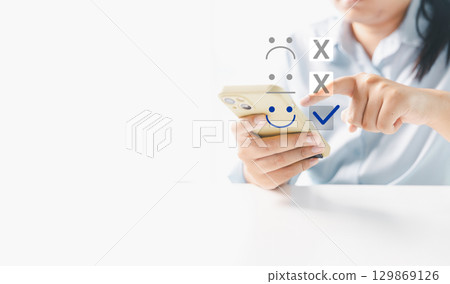 Customer service evaluation concept. Client feedback from marketing survey excellent service and quality satisfaction, customers can evaluate quality of service leading to business reputation rating. 129869126