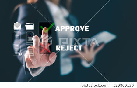 Digital interface designed for business automation, concept of document review is visualized by finger pressing green check mark icon, symbolizing approval or rejection ideal decision making workflow 129869130