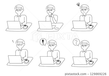 Various facial expressions and reaction sets of a man wearing glasses working on a computer Various facial expressions and reaction sets of a man wearing glasses working on a computer 129869226