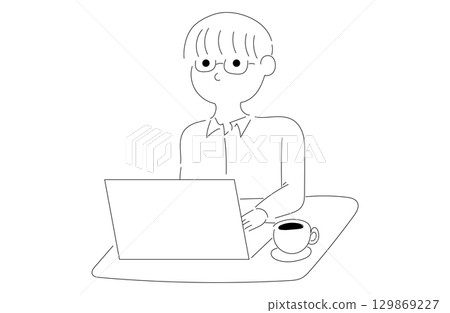 Illustration of a man with glasses and a laptop Illustration of a man with glasses and a laptop 129869227