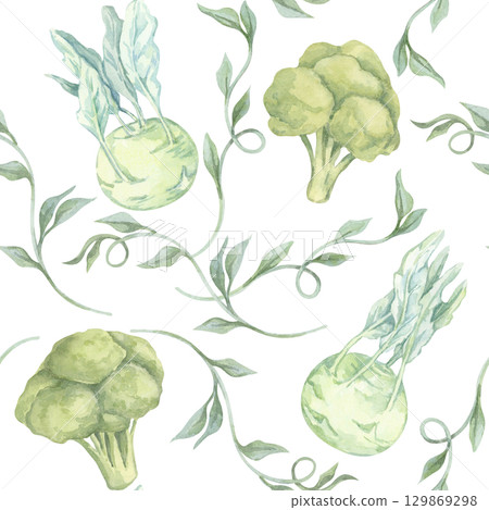Watercolor clipart of green kohlrabi and broccoli with curly stems in a flowing layout. Seamless pattern illustration suitable for culinary gift wrap, fabric design, and packaging 129869298