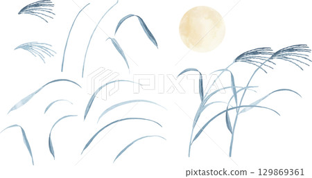 Watercolor illustration of silver grass silhouette and full moon Watercolor illustration of silver grass silhouette and full moon 129869361