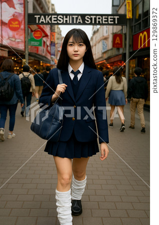Image of high school girls walking in Harajuku Image of high school girls walking in Harajuku 129869372