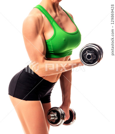 fitness woman with barbells on white background, isolated fitness woman with barbells on white background, isolated 129869428