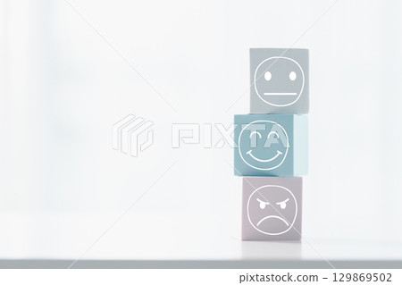 Customer showing rating with happy icon, Customer satisfaction survey concept, Positive feedback from happy client satisfaction with quality of service, marketing surveys, ratings, review, copy space Customer showing rating with happy icon, Customer satisfaction survey concept, Positive feedback from happy client satisfaction with quality of service, marketing surveys, ratings, review, copy space 129869502