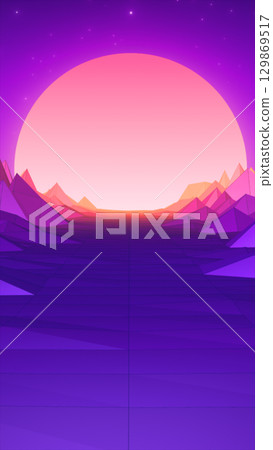 Retro-futuristic mountain landscape with a giant sun setting over low-poly purple terrain and a glowing horizon 129869517