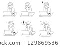 一位戴眼鏡的女性在電腦上工作時的各種面部表情和反應 129869536